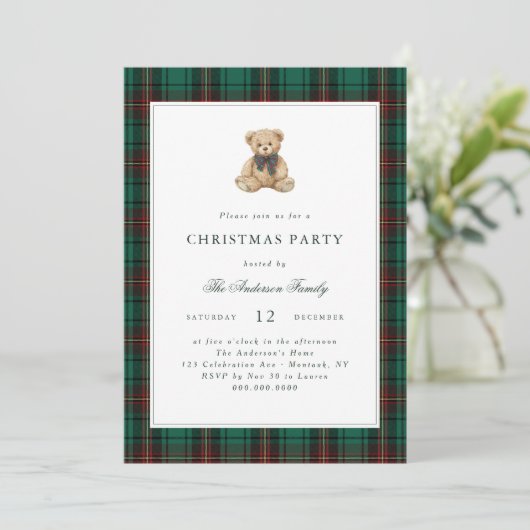 Green Plaid Teddy Bear Christmas Party Kaart (Staand voorkant)