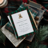 Green Plaid Teddy Bear Christmas Party Kaart