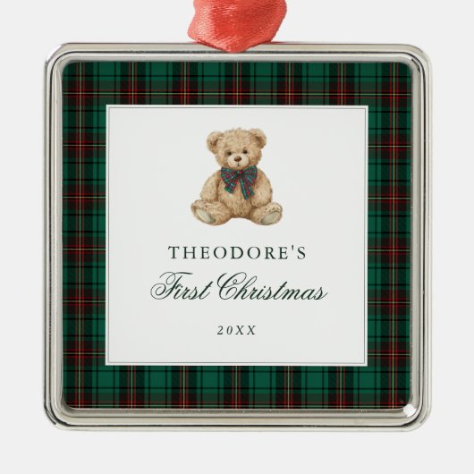 Green Plaid Teddy Bear First Christmas  Metalen Ornament (Voorkant)