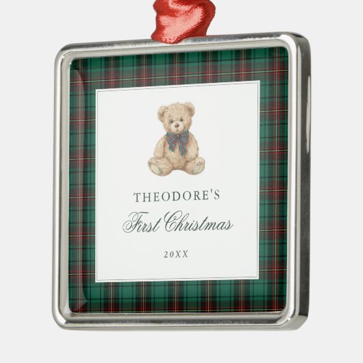 Green Plaid Teddy Bear First Christmas  Metalen Ornament (Links)