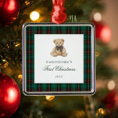 Green Plaid Teddy Bear First Christmas Metalen Ornament