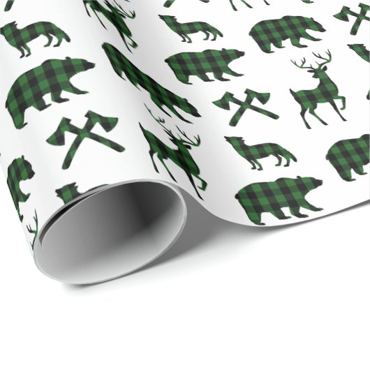 Green Plaid Wildlife Pattern | Vakantie Cadeaupapier (Rol Hoek)