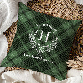 Green Plaid Winter Monogram Crest Initiaal Kussen