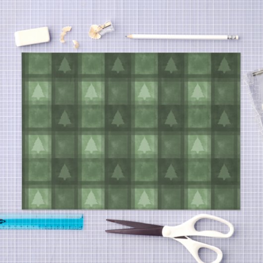Green Plaid With Fir Tree Shapes Christmas Pattern Tissuepapier (Craft)