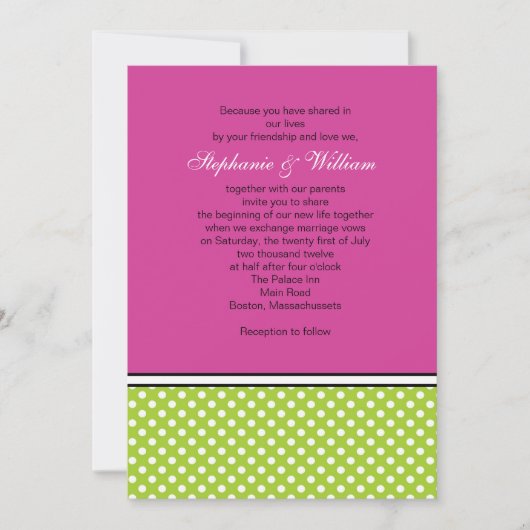 Green Polka Dot and Pink Wedding Invitation Kaart (Voorkant)