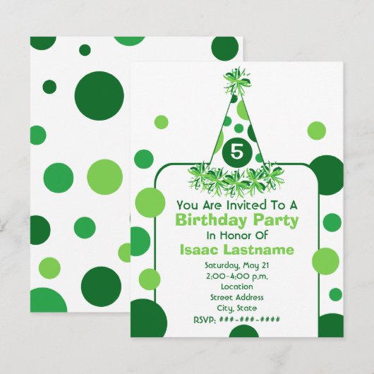 Green Polka Dot Birthday Party Pet Invite Kaart (Voorkant / Achterkant)