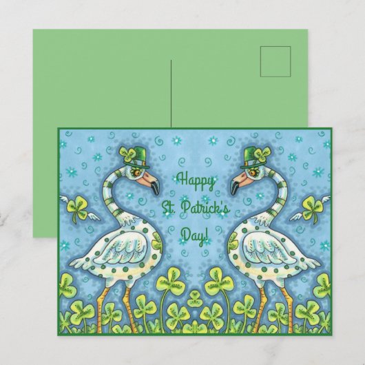 GREEN POLKA DOT FLAMINGOS, FUNNY ST. PATRICK'S DAG FEESTDAGENKAART (Voorkant / Achterkant)