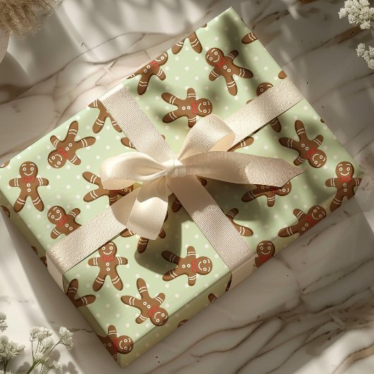 Green Polka Dot Gingerbrood Man Kerstmis Cadeaupapier