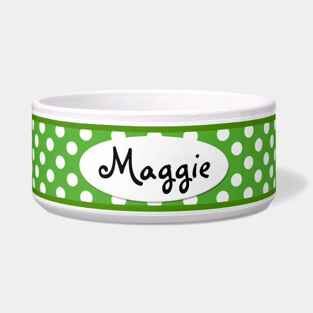 Green Polka Dot Specialized Ceramic Dog Bowl Voerbakje (Voorkant)