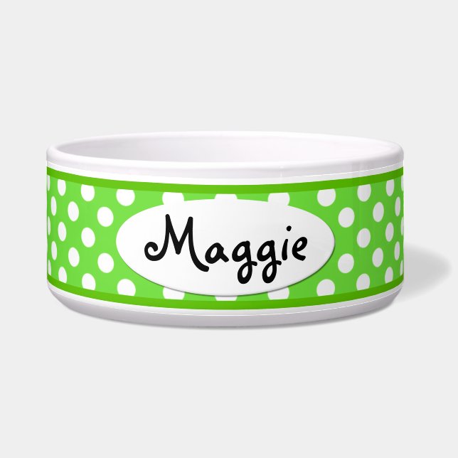 Green Polka Dot Specialized Ceramic Dog Bowl Voerbakje (Voorkant)