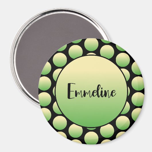 Green Polka Dots Black Script Name Magnet (Voorkant / Achterkant)