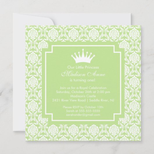 Green Princess Crown Birthday Party Invitation Kaart (Voorkant)