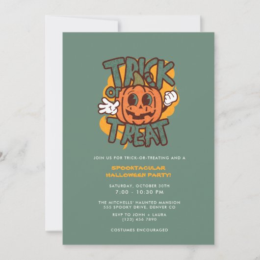 Green & Pumpkin Trick or treat Halloween Party Kaart (Voorkant)