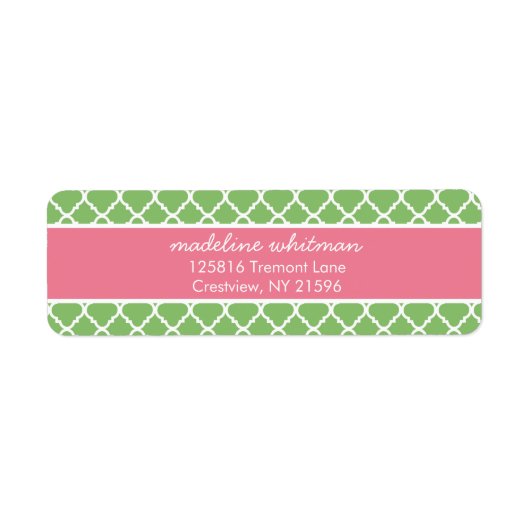 Green Quatrefoil | Roze en Groen Preppy-adres Etiket (Voorkant)