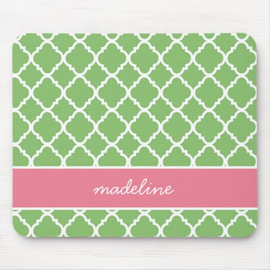 Green Quatrefoil | Roze en groene preppy Muismat (Voorkant)