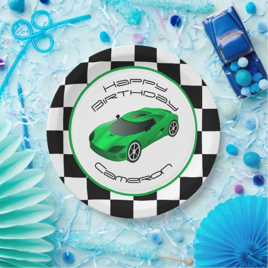 Green Race Car | Aangepaste geboortedag Papieren Bordje (Feest)