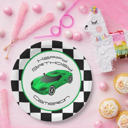 Green Race Car | Aangepaste geboortedag Papieren Bordje (Feest)