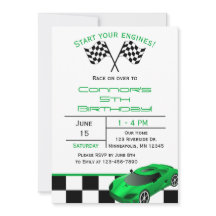 Green Race Car | Aangepaste uitnodiging voor kinde
