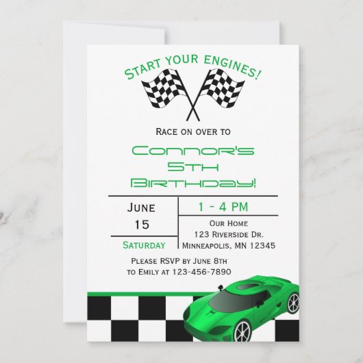 Green Race Car | Aangepaste uitnodiging voor kinde (Voorkant)