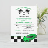 Green Race Car | Aangepaste uitnodiging voor kinde (Staand voorkant)