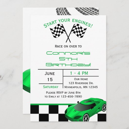 Green Race Car | Aangepaste uitnodiging voor kinde (Voorkant / Achterkant)