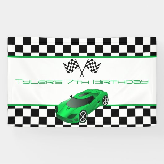 Green Race Car Birthday Party Spandoek (Horizontaal)