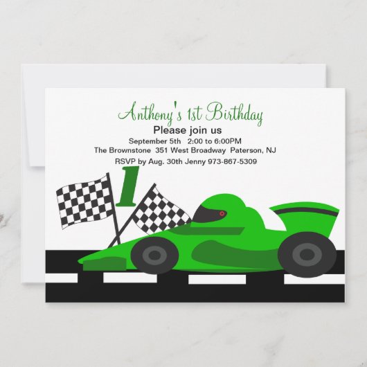 Green Race Car Boys First Birthday Uitnodiging (Voorkant)