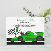 Green Race Car Boys First Birthday Uitnodiging (Staand voorkant)