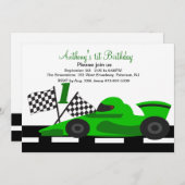 Green Race Car Boys First Birthday Uitnodiging (Voorkant / Achterkant)