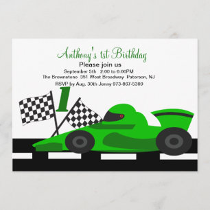Green Race Car Boys First Birthday Uitnodiging