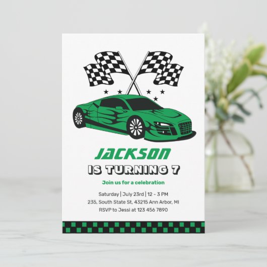 Green Race Car Racing Kinder Boys Birthday Kaart (Staand voorkant)