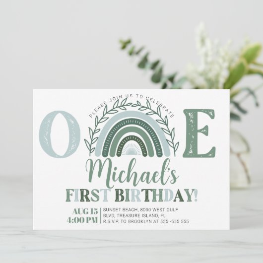 Green Rainbow Birthday Invitation, Earthy Tones Kaart (Staand voorkant)