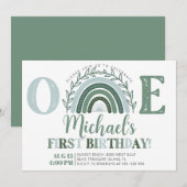 Green Rainbow Birthday Invitation, Earthy Tones Kaart (Voorkant / Achterkant)