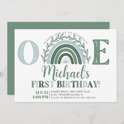 Green Rainbow Birthday Invitation, Earthy Tones Kaart (Voorkant / Achterkant)