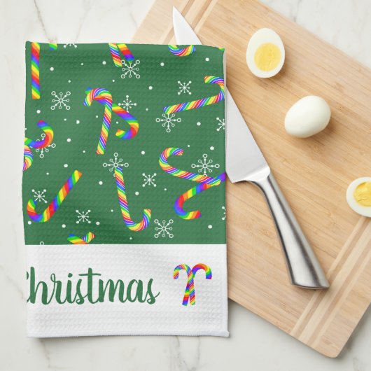 Green Rainbow Candy Canes kerst Kitchen Towel Theedoek (Quarter Fold)
