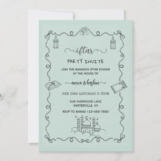 Green Ramadan Bow doodle ramadan iftar invitation Kaart (Voorkant)