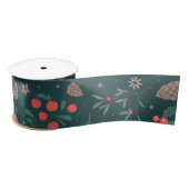 Green Red Berries Pine Kerstmis Pattern Satijnen Lint (Spoel)