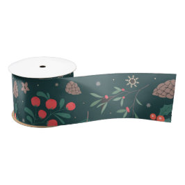 Green Red Berries Pine Kerstmis Pattern Satijnen Lint