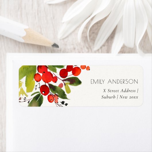 GREEN RED BERRIES WATERVERF CHRISTMAS ADRES ETIKET (Insitu)