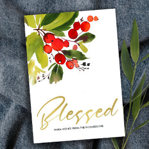 GREEN RED BERRIES WATERVERF CHRISTMAS BLESSED KAART