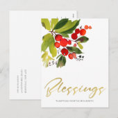 GREEN RED BERRIES WATERVERF CHRISTMAS BLESSINGS FEESTDAGENKAART (Voorkant / Achterkant)