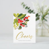 GREEN RED BERRIES WATERVERF CHRISTMAS CHEERS FEESTDAGENKAART (Staand voorkant)