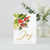 GREEN RED BERRIES WATERVERF CHRISTMAS JOY FEESTDAGENKAART (Staand voorkant)
