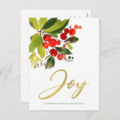 GREEN RED BERRIES WATERVERF CHRISTMAS JOY FEESTDAGENKAART (Voorkant / Achterkant)