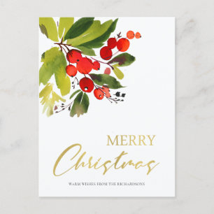 GREEN RED BERRIES WATERVERF MERRY CHRISTMAS FEESTDAGENKAART