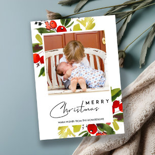 GREEN RED BERRIES WATERVERF MERRY CHRISTMAS PHOTO FEESTDAGENKAART