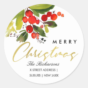 GREEN RED BERRY WATERVERF MERRY CHRISTMAS ADRES RONDE STICKER