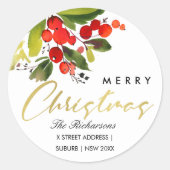 GREEN RED BERRY WATERVERF MERRY CHRISTMAS ADRES RONDE STICKER (Voorkant)