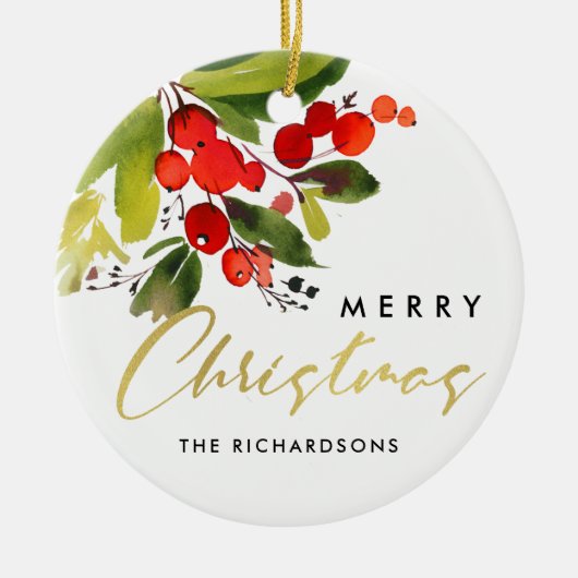 GREEN RED BERRY WATERVERF MERRY CHRISTMAS KERAMISCH ORNAMENT (Voorkant)