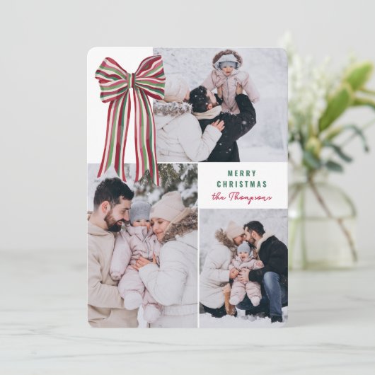 Green Red Big Striped Bow Merry Christmas Photo Feestdagenkaart (Staand voorkant)